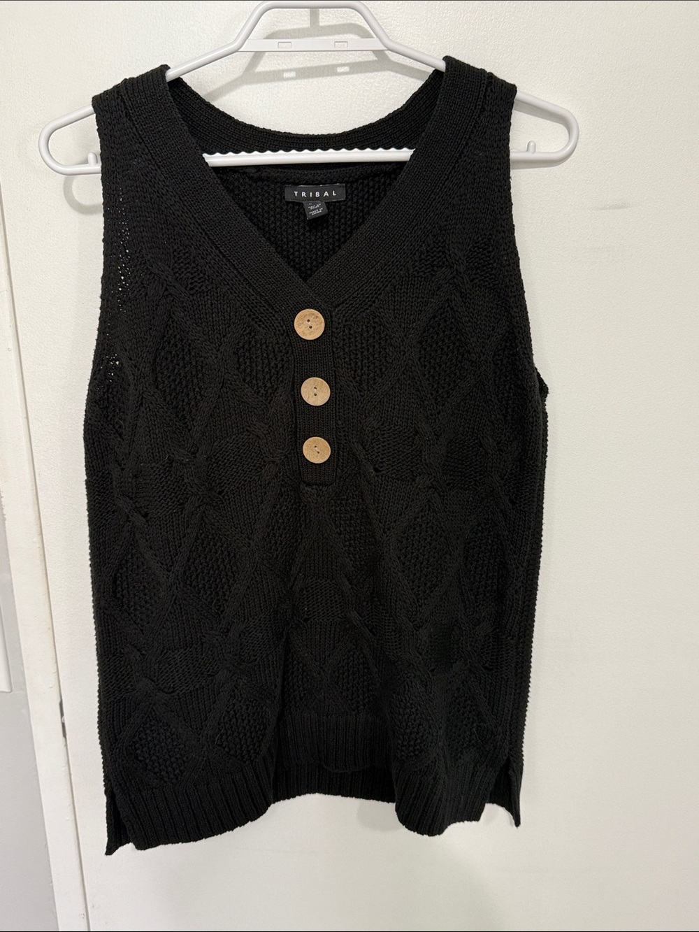 Tribal Black Knit V‑Neck Button Sleeveless Vest